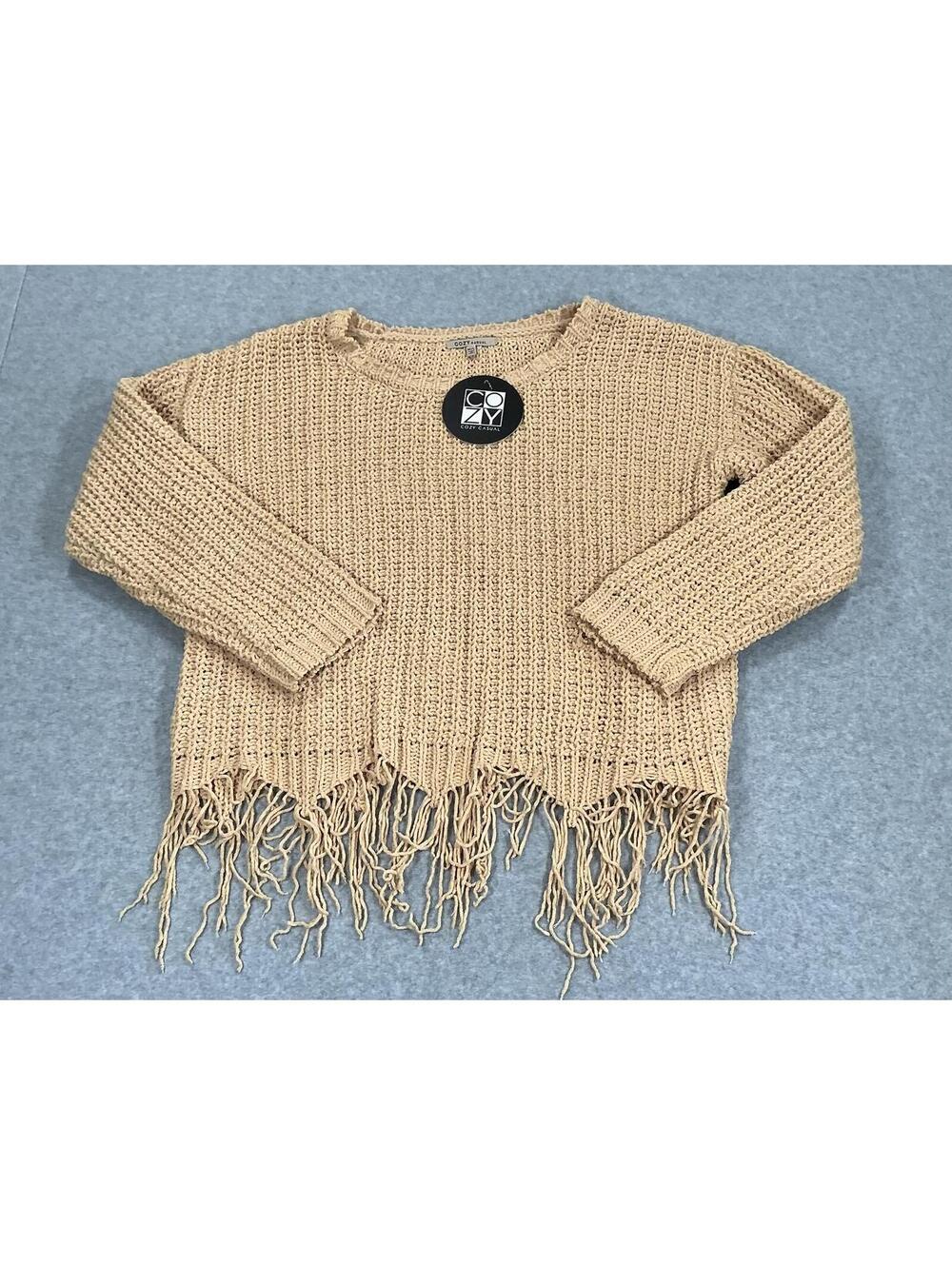 Cozy‎ Casual Beige Fringe Hem Knit Sweater M/L